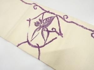 じゅらく製　帝王紫　手織り真綿紬　花更紗模様織り出し　名古屋帯